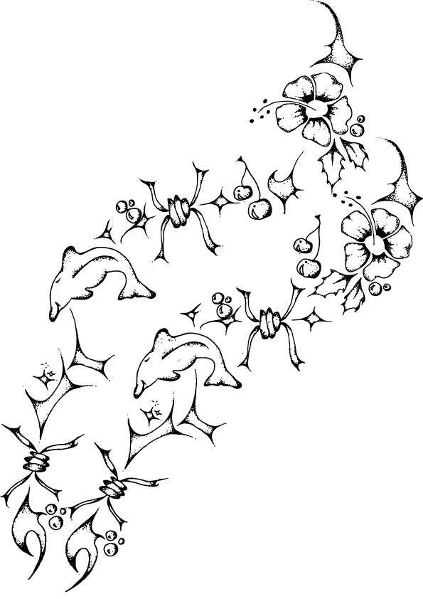 Abstract black and white graphic of dolphins, flowers and weird shapes